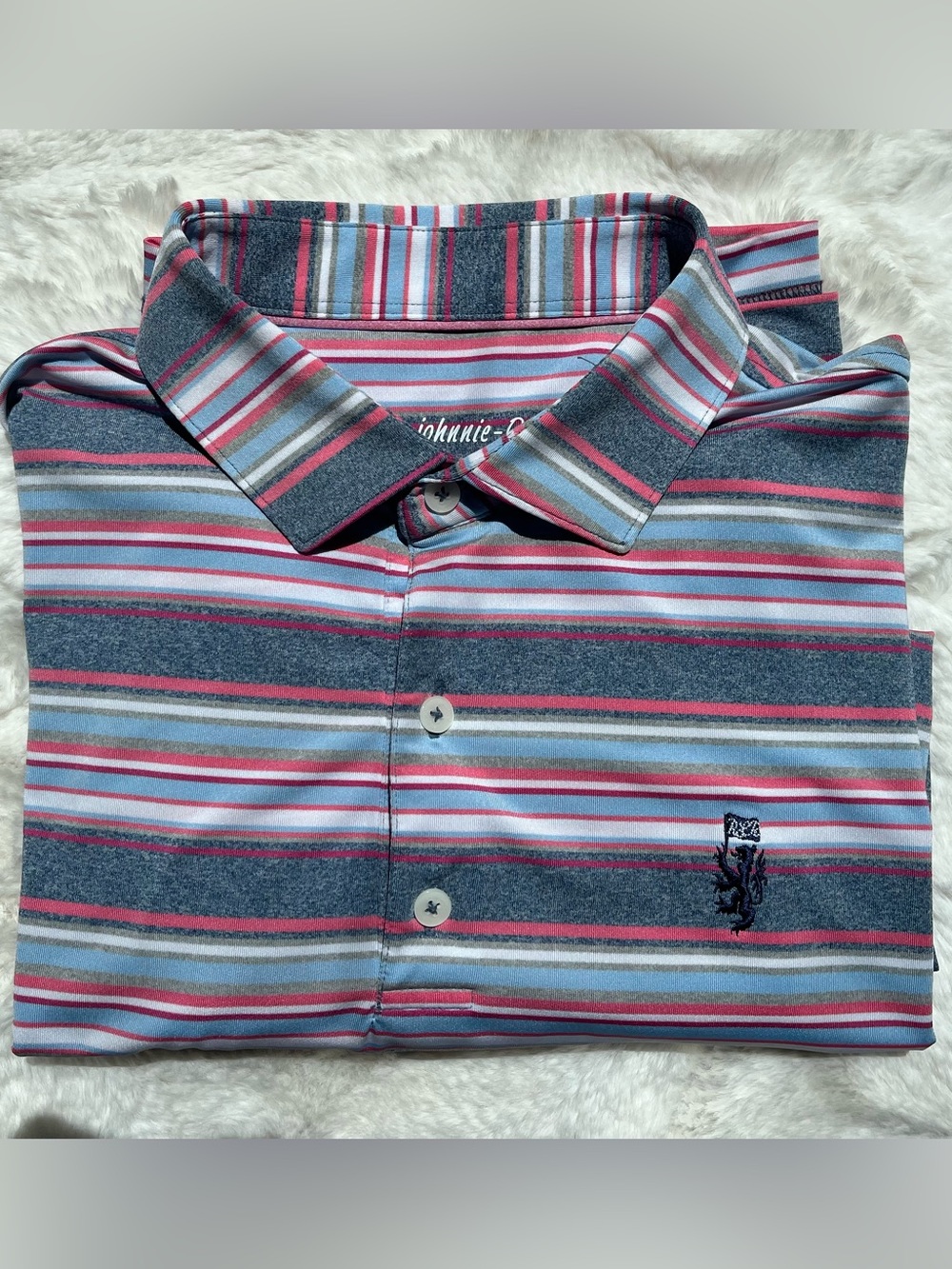 johnnie-O Striped Polo in Gray, Pink & Light Blue, men’s medium